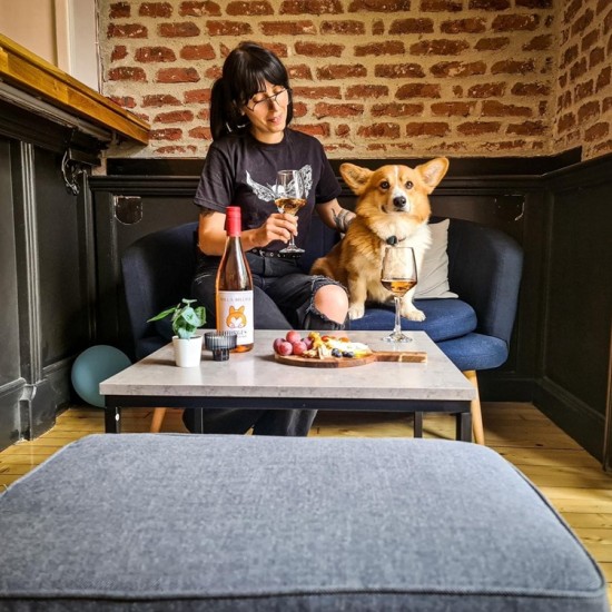 Вкусна храна и сладки кученца с Вино и пица за двама в компанията на коргита от Makaroon